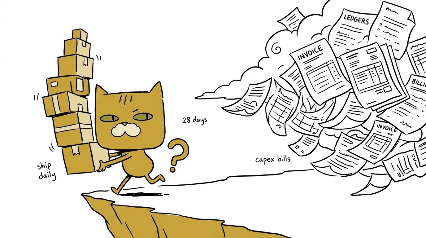 A square-faced golden cat sprints along a cliff edge carrying shipping boxes while giant invoices chase behind it