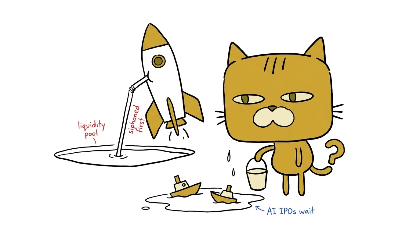 A square-faced golden cat watches a rocket siphon a shared pool while two small boats wait in the shallows