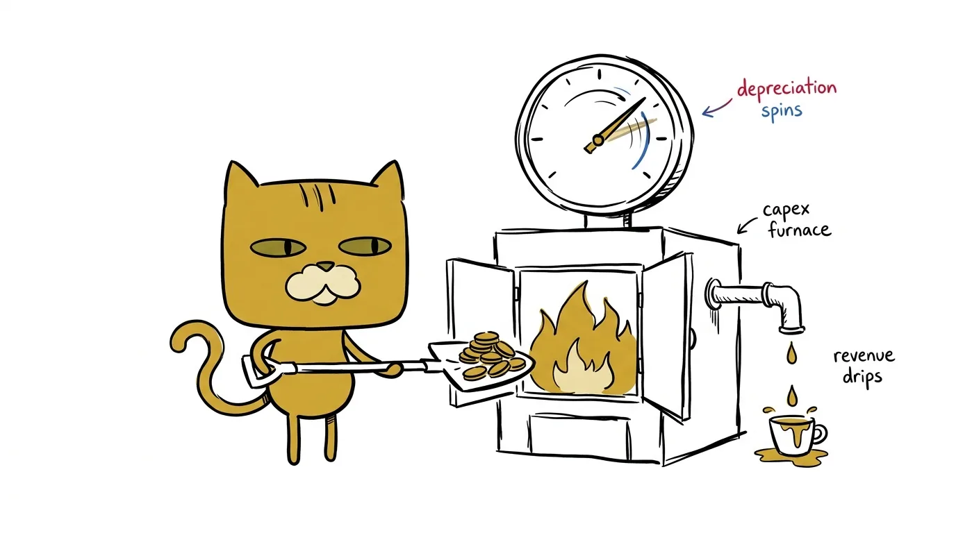 A square-faced golden cat shovels coins into a datacenter furnace as depreciation spins and revenue drips