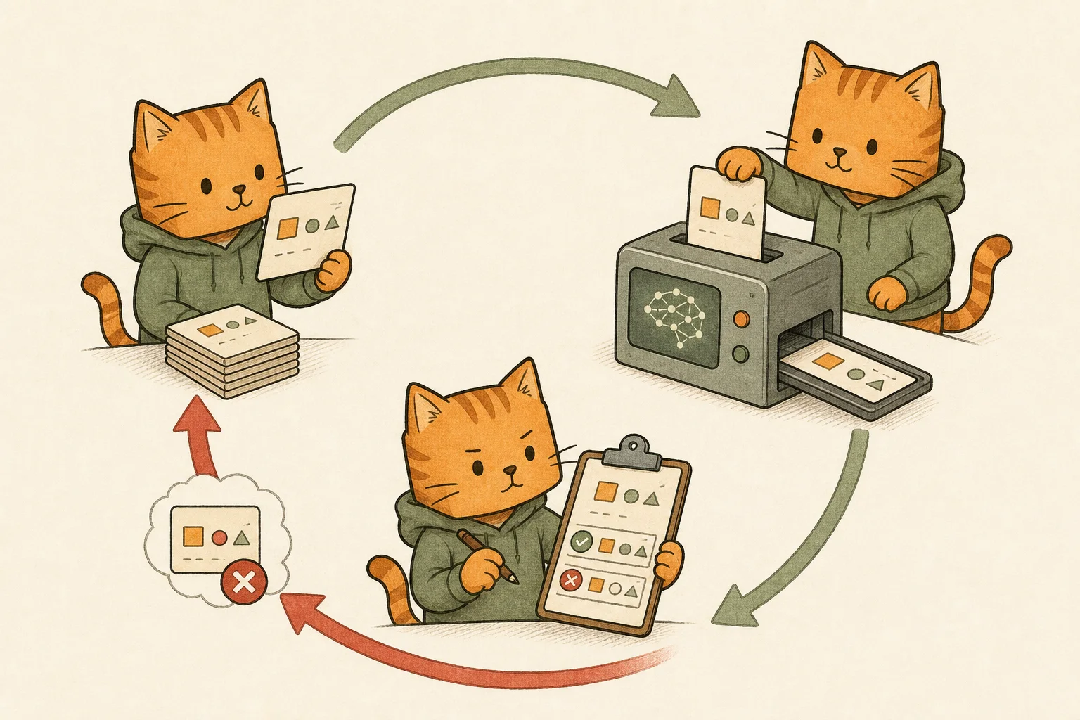 A cat tests an AI workflow and sends failed results back for another run