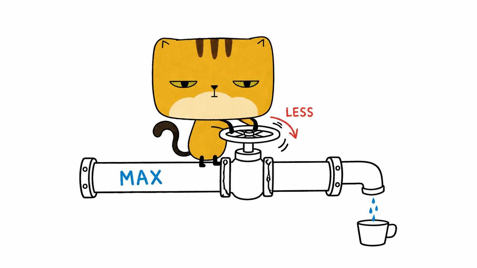 A square-faced golden cat tightens a valve on a MAX pipe until only drops reach the cup