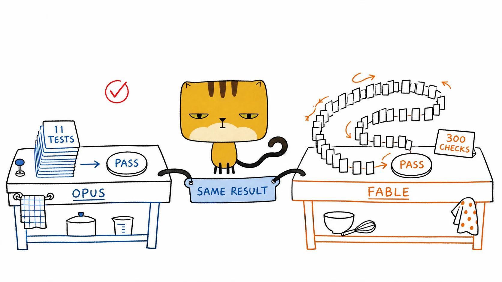 The square pancake cat watches Opus and Fable reach the same pass result with different amounts of checking