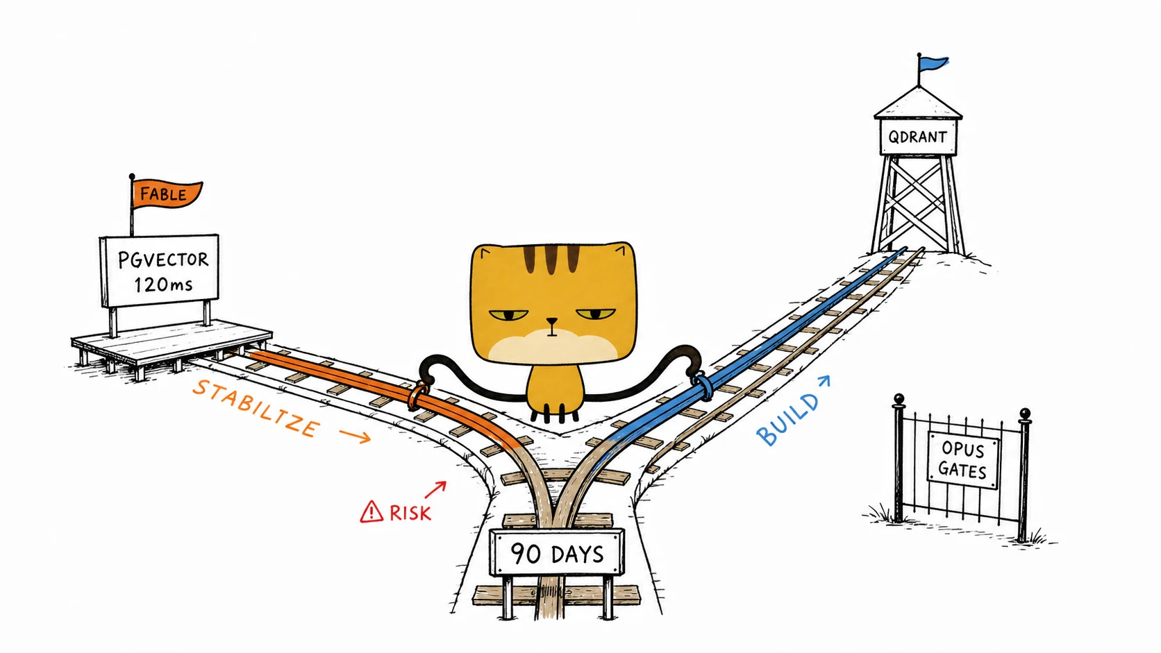 The square pancake cat joins Fable's stabilize-and-build tracks while Opus's separate decision gates stand nearby