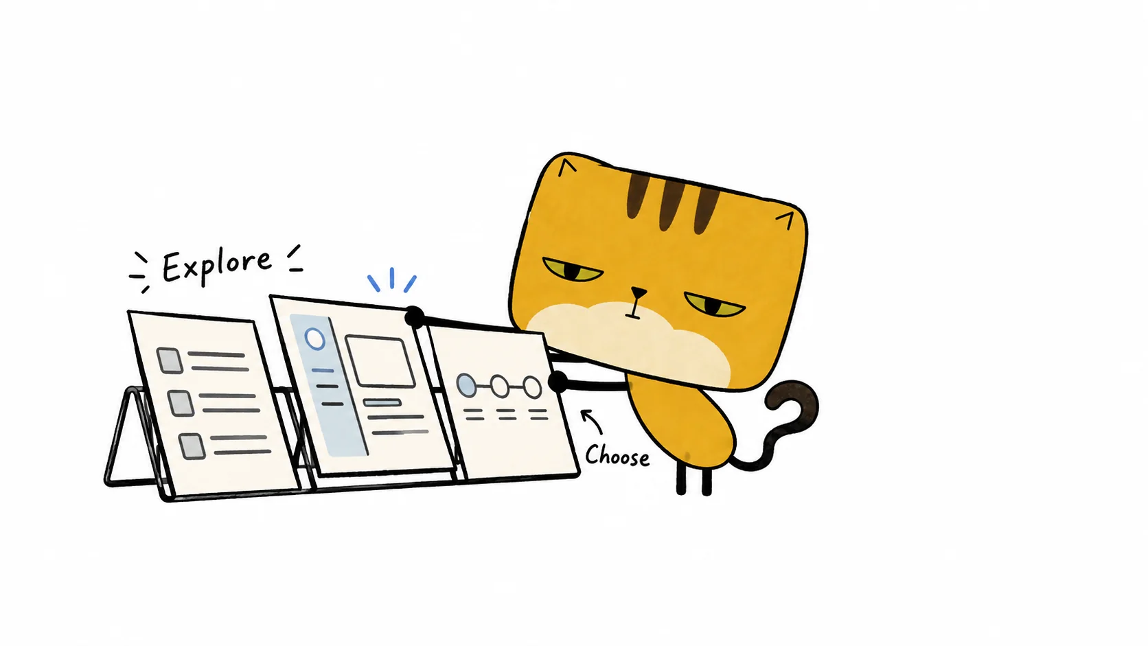 方脸金渐层猫在三张界面草图中做选择