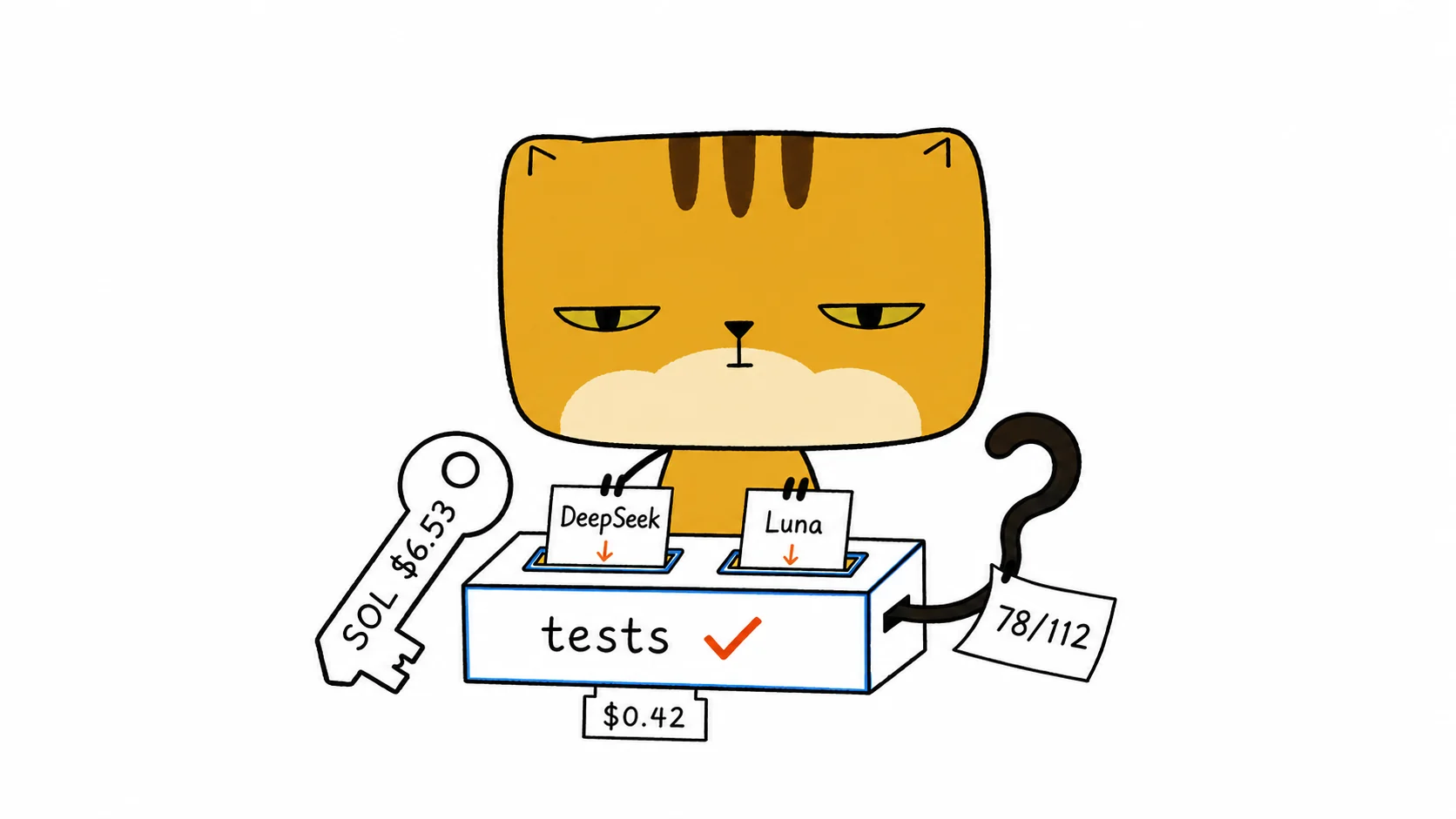 A square-faced cat tests two inexpensive model outputs against one oversized Sol key