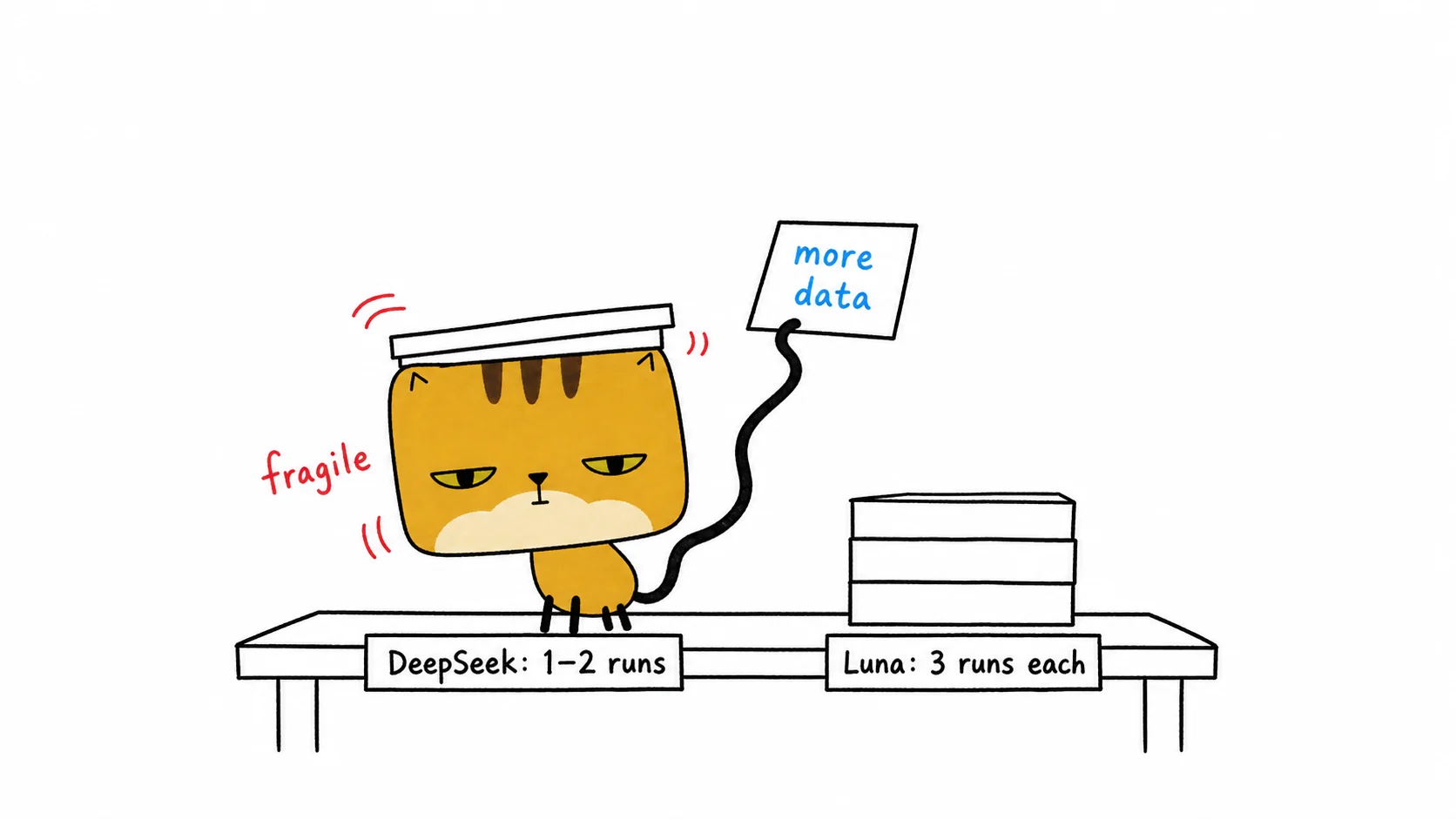 The square-faced cat props up DeepSeek's thin sample while Luna's three-run stack stands on its own