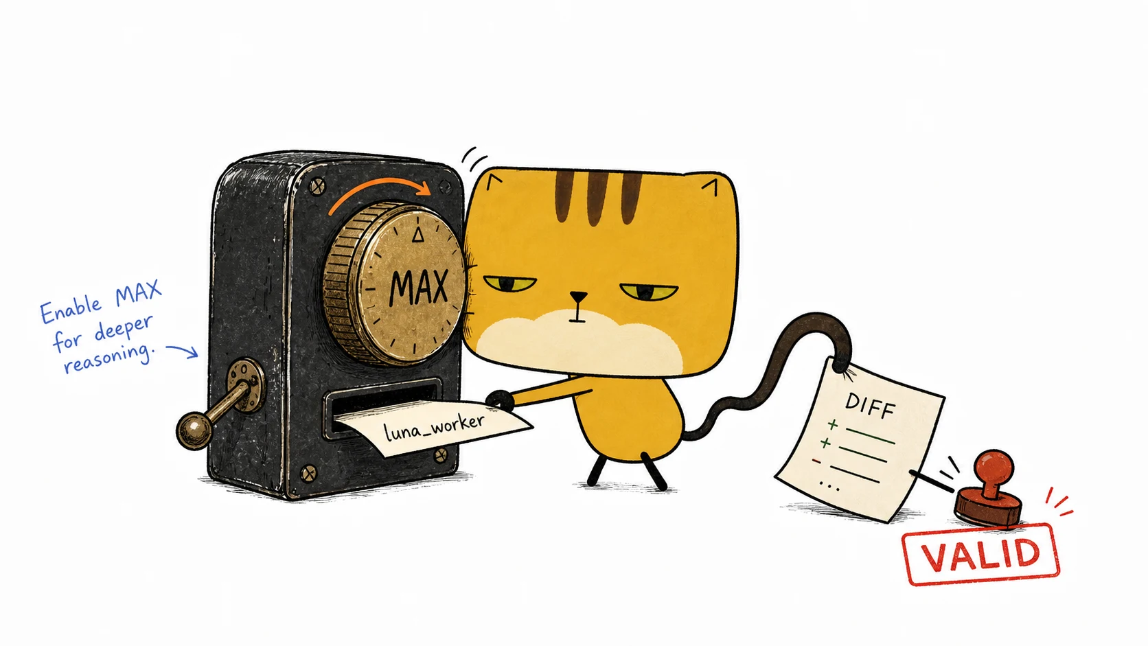 The square pancake cat turns on Max, inserts the luna_worker configuration, and pulls a diff toward a validation stamp