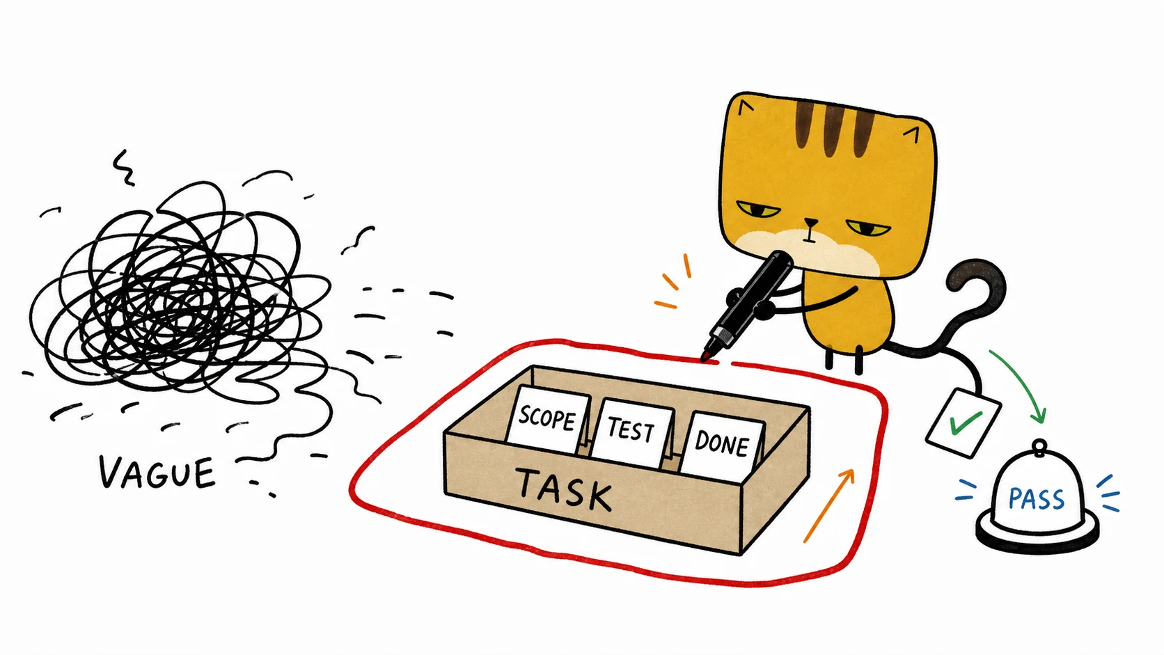 The square pancake cat draws a red boundary around one scoped task while a vague request stays outside