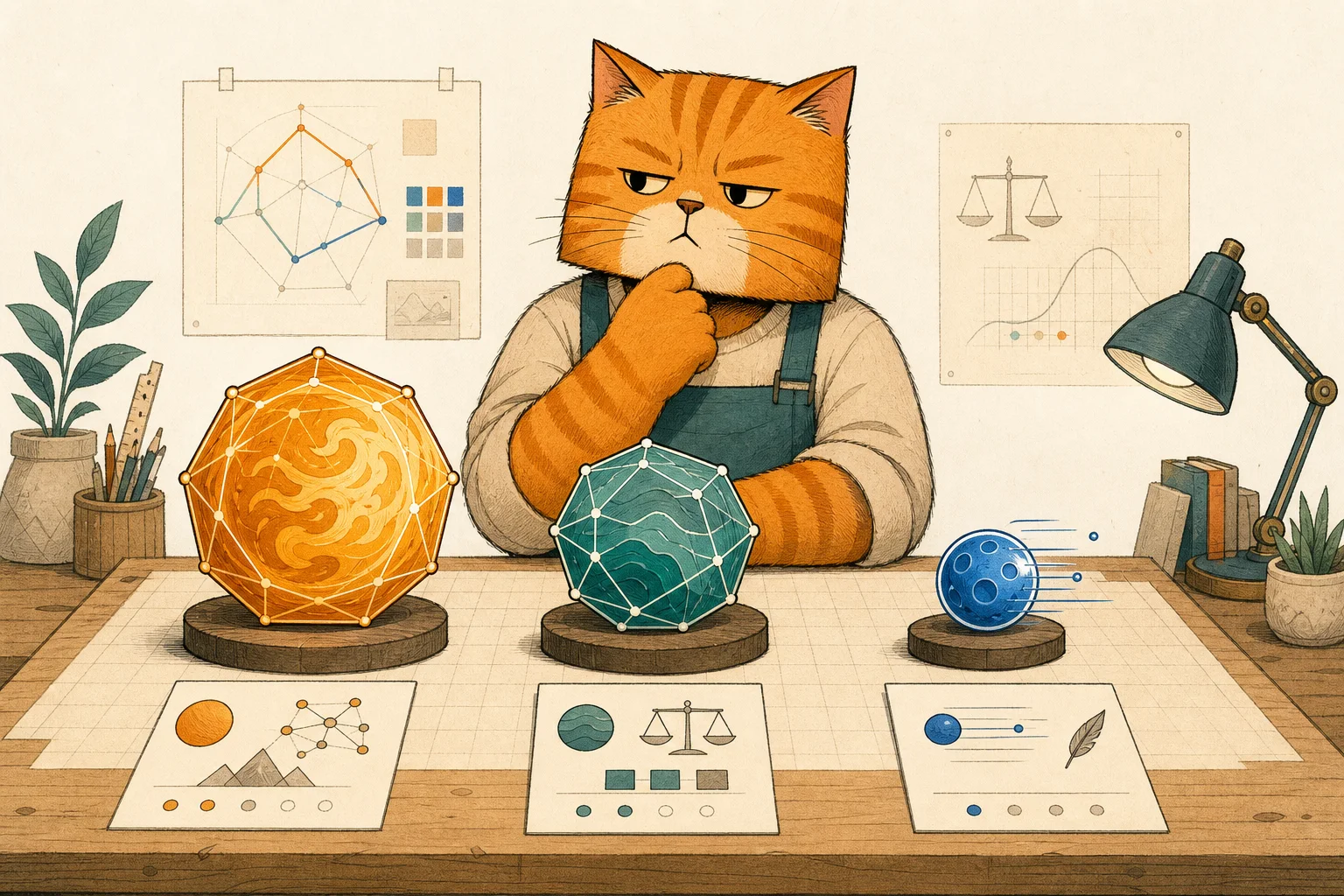 A square-faced orange cat compares three GPT-5.6 model tokens at a workbench