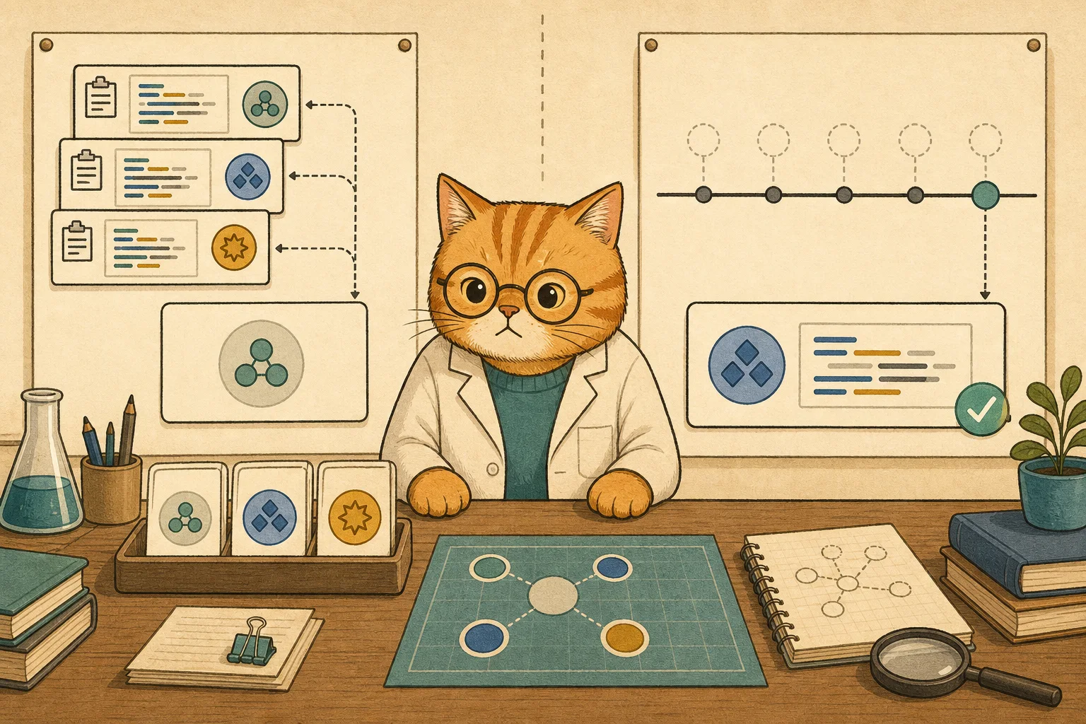 A square-faced orange cat compares repeated majority cards with one fresh latest-run result on two testing stations