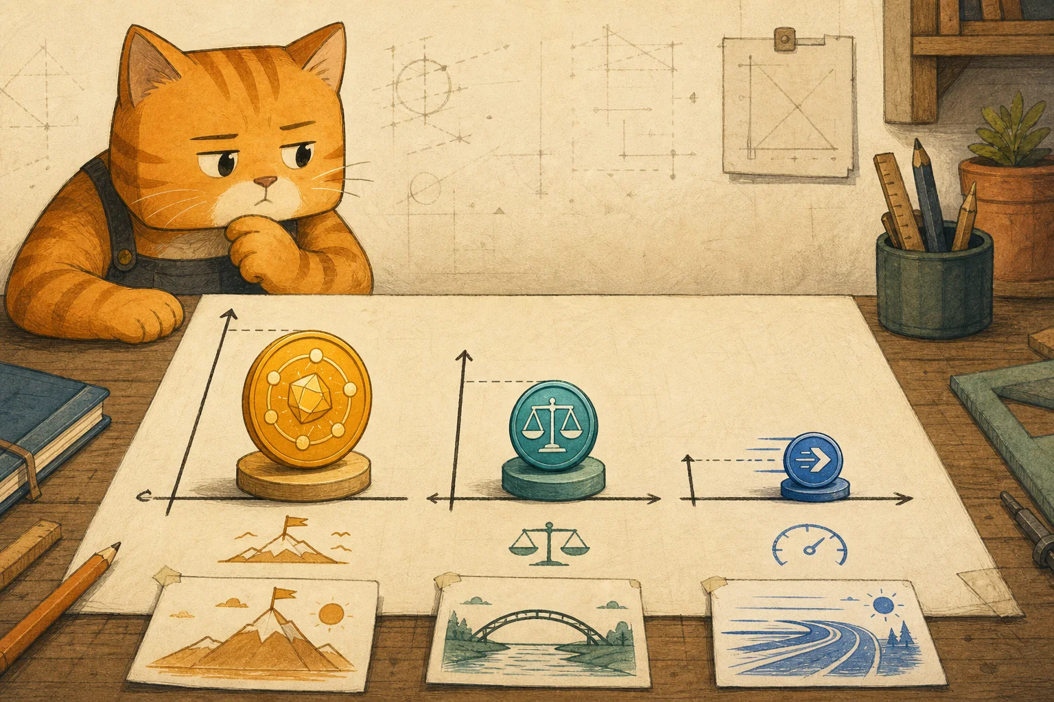 A square-faced orange cat studies three model tokens placed on separate capability, cost, and speed axes