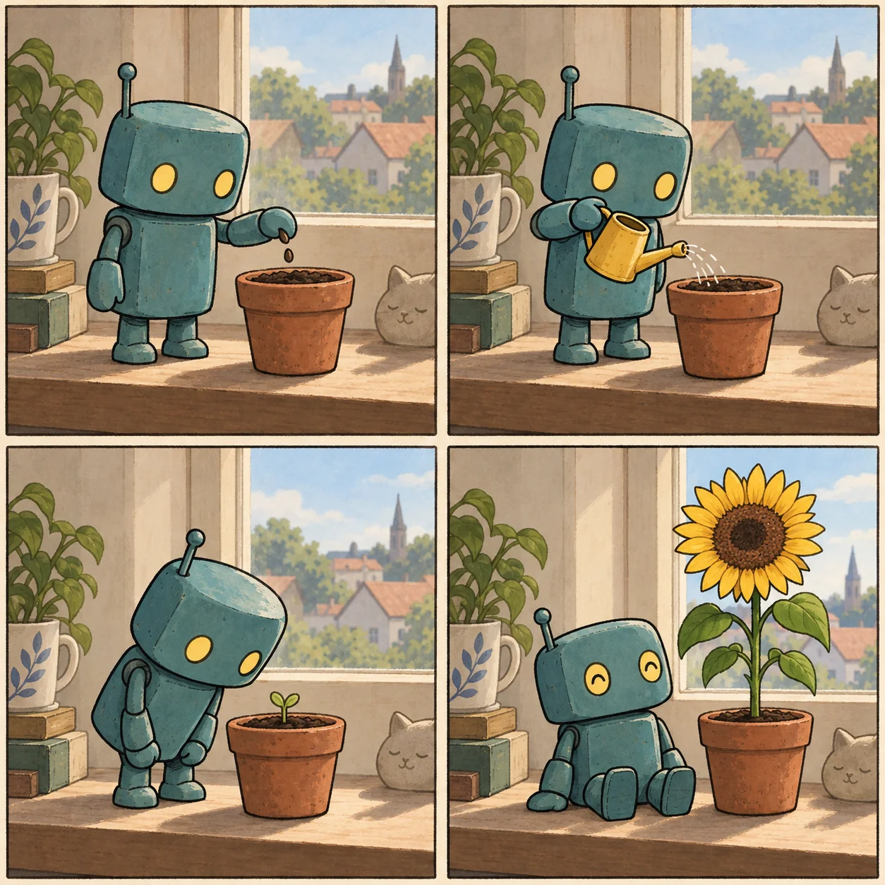 Four panels show a teal robot planting a seed, watering it, watching a sprout, and sitting beside a sunflower