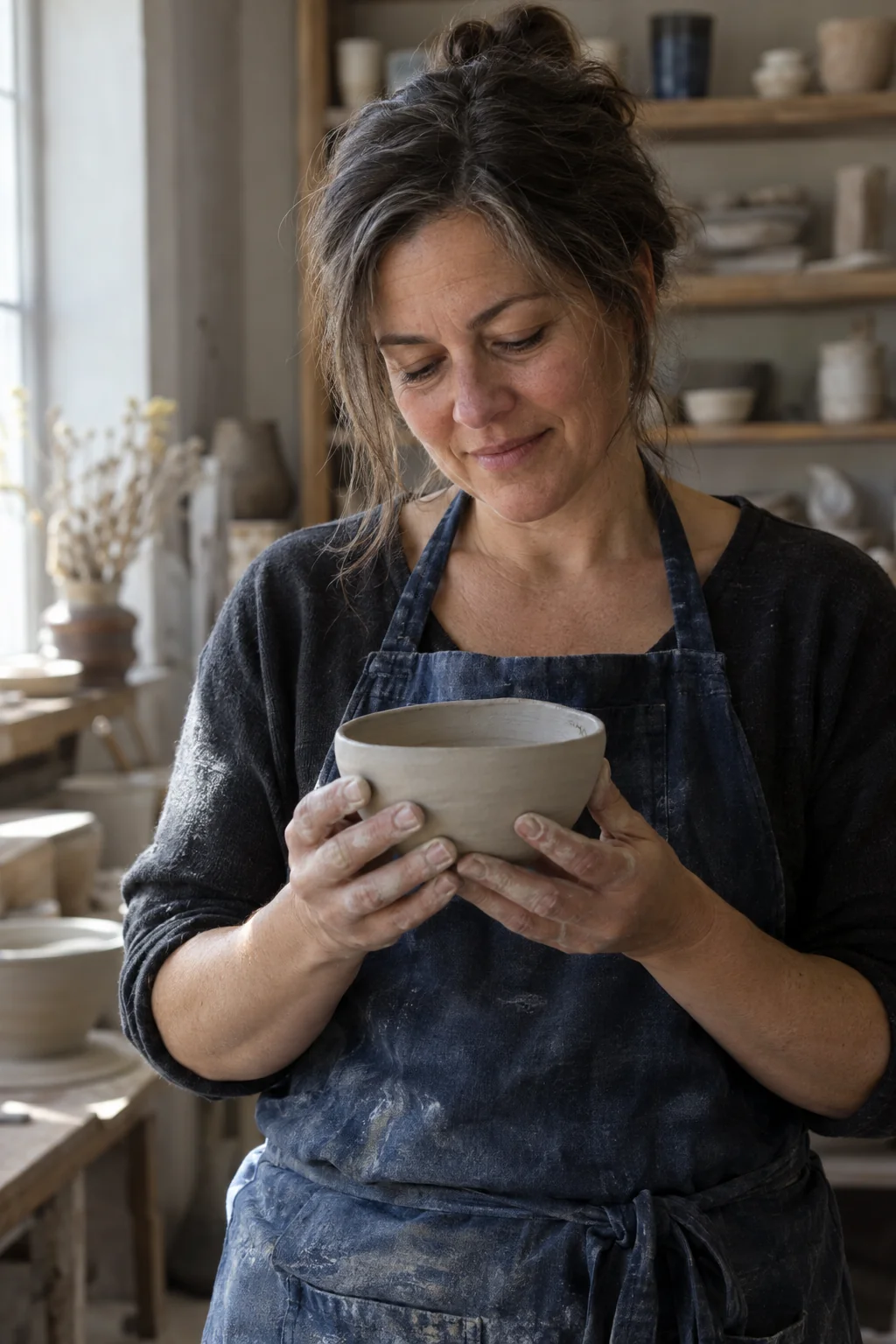 A ceramicist looks down at a clay bowl held in both hands beside a studio window