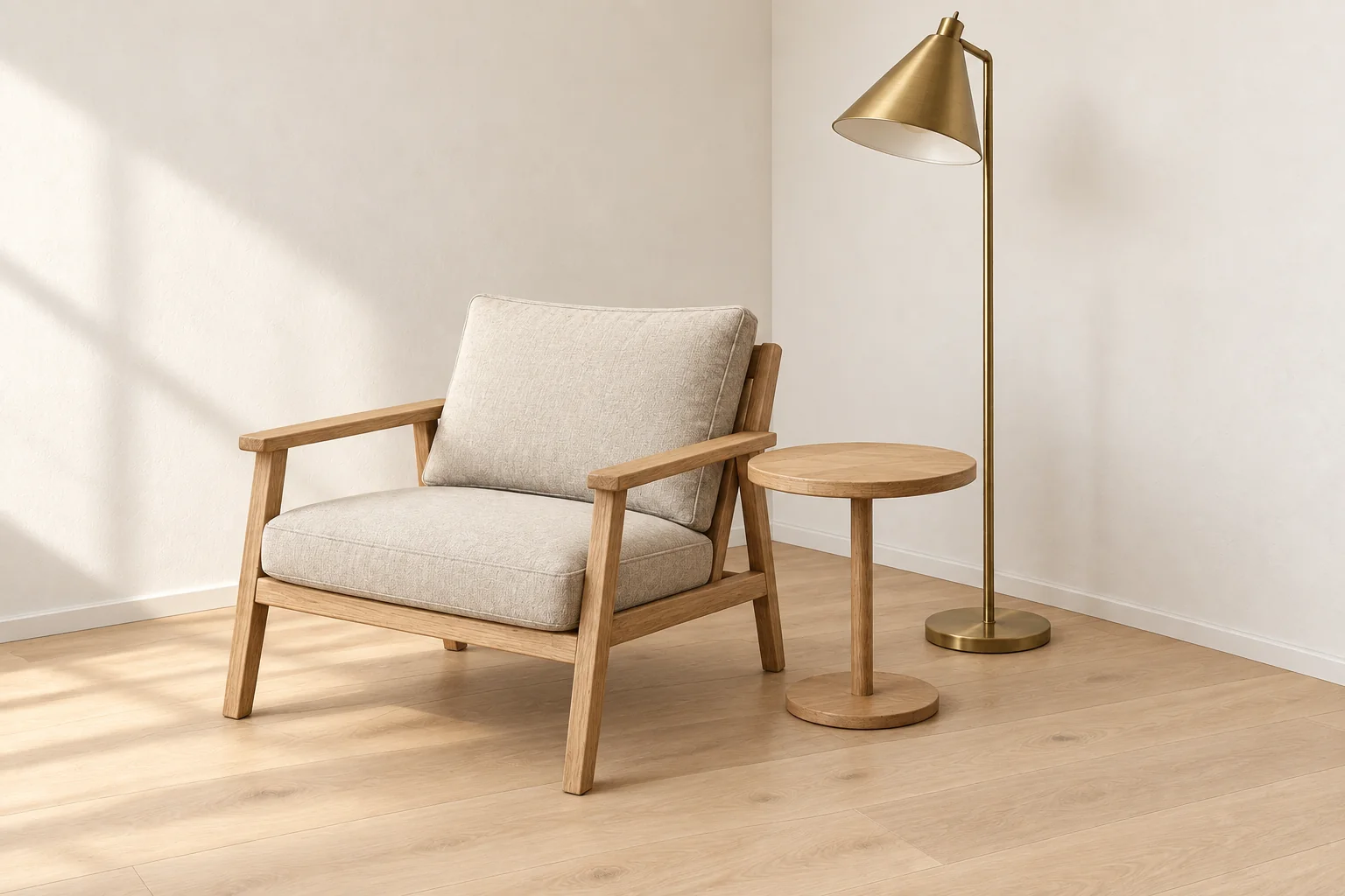 A reading corner rendered from the sketch with an oak chair, linen cushions, a round table, and a brass lamp