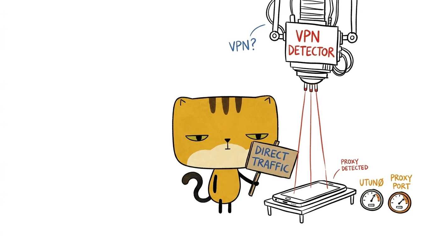 A square-faced golden cat holds a direct traffic sign while an overhead scanner inspects a phone for VPN indicators