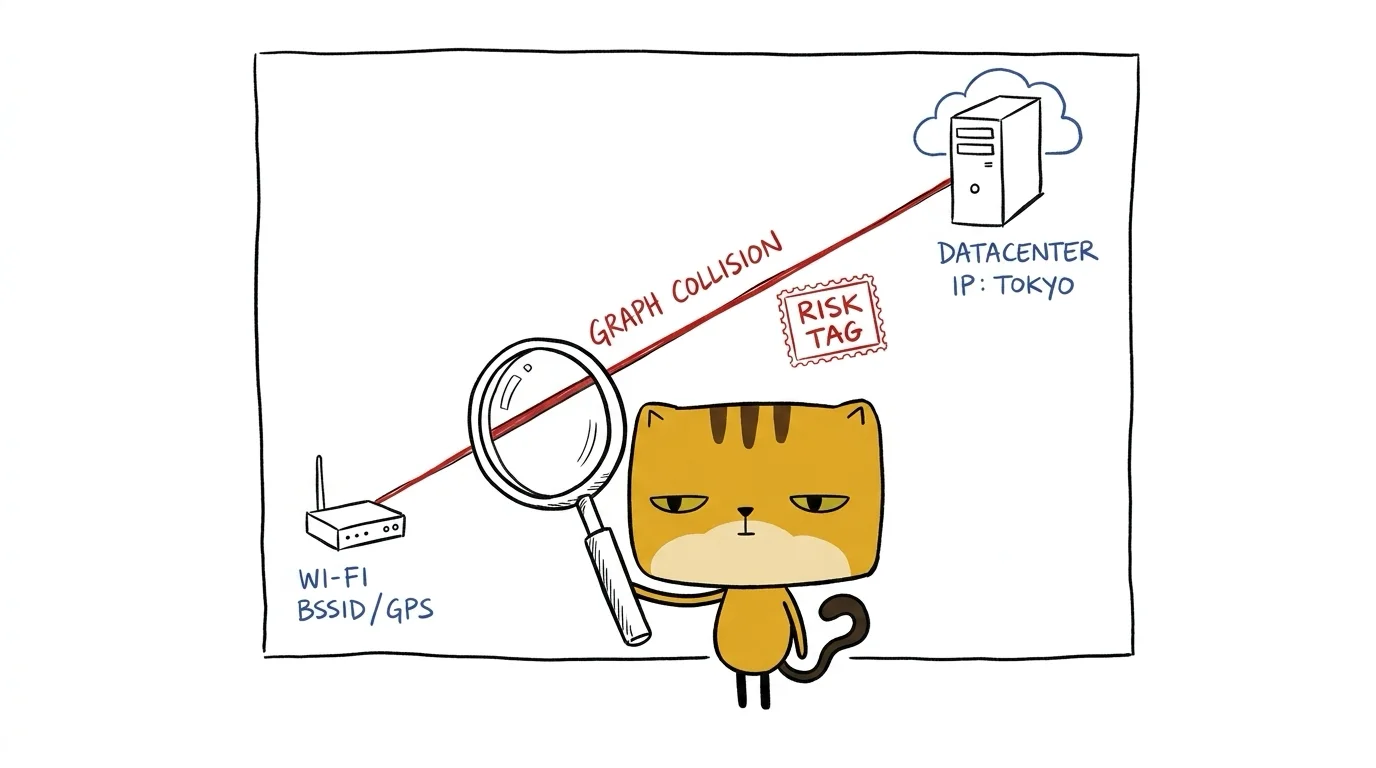 A square-faced cat compares local Wi-Fi coordinates with a distant network exit in an illustrative risk graph
