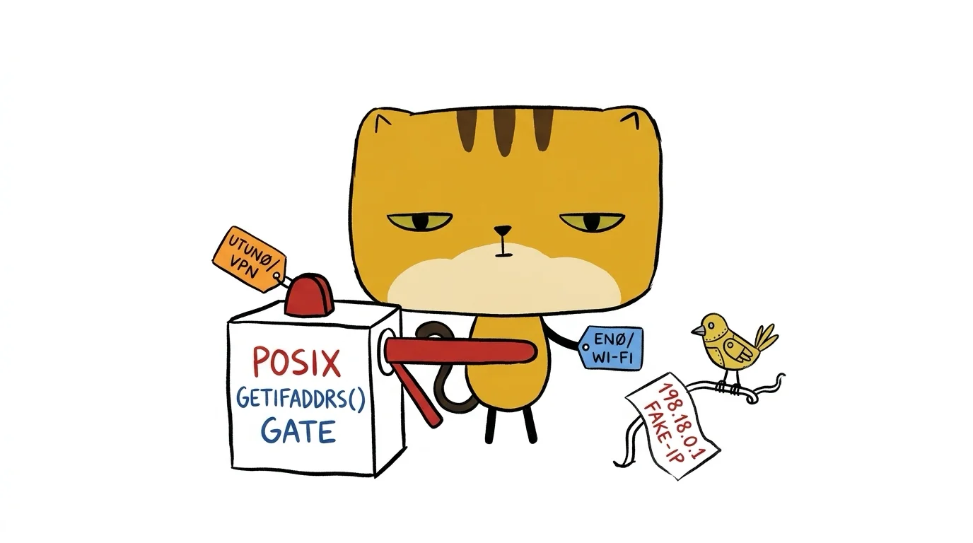 A square-faced cat examines an interface checkpoint beside a canary inspecting DNS responses