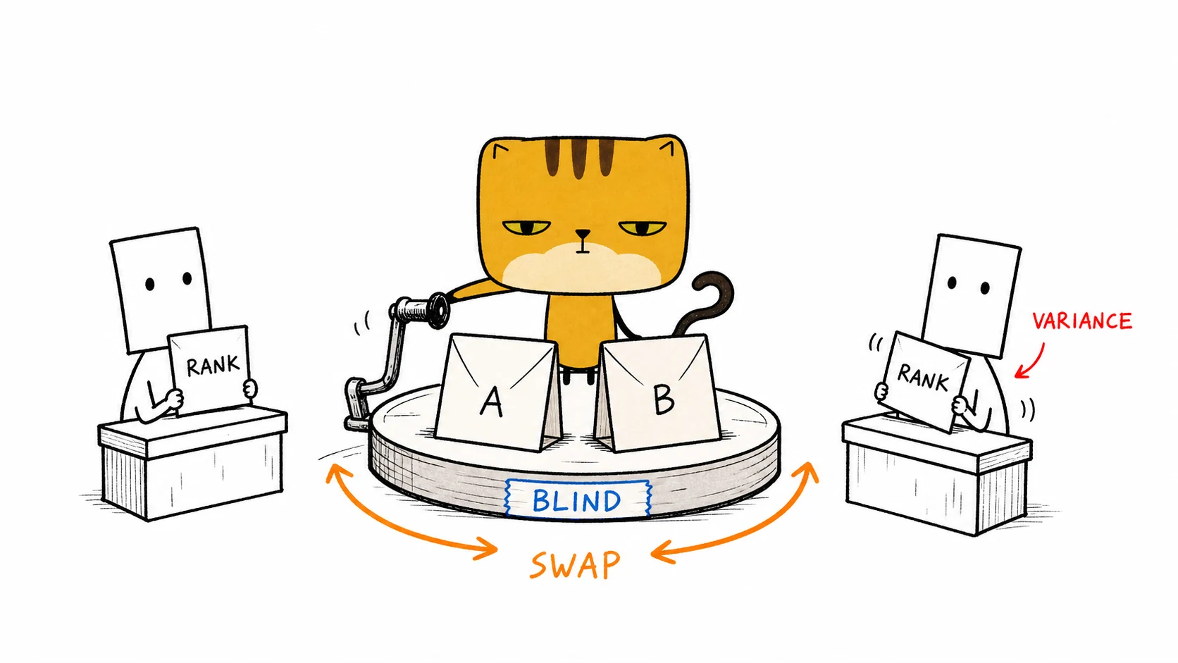 The square pancake cat swaps anonymous A and B memos on a blind review turntable while one judge score wobbles