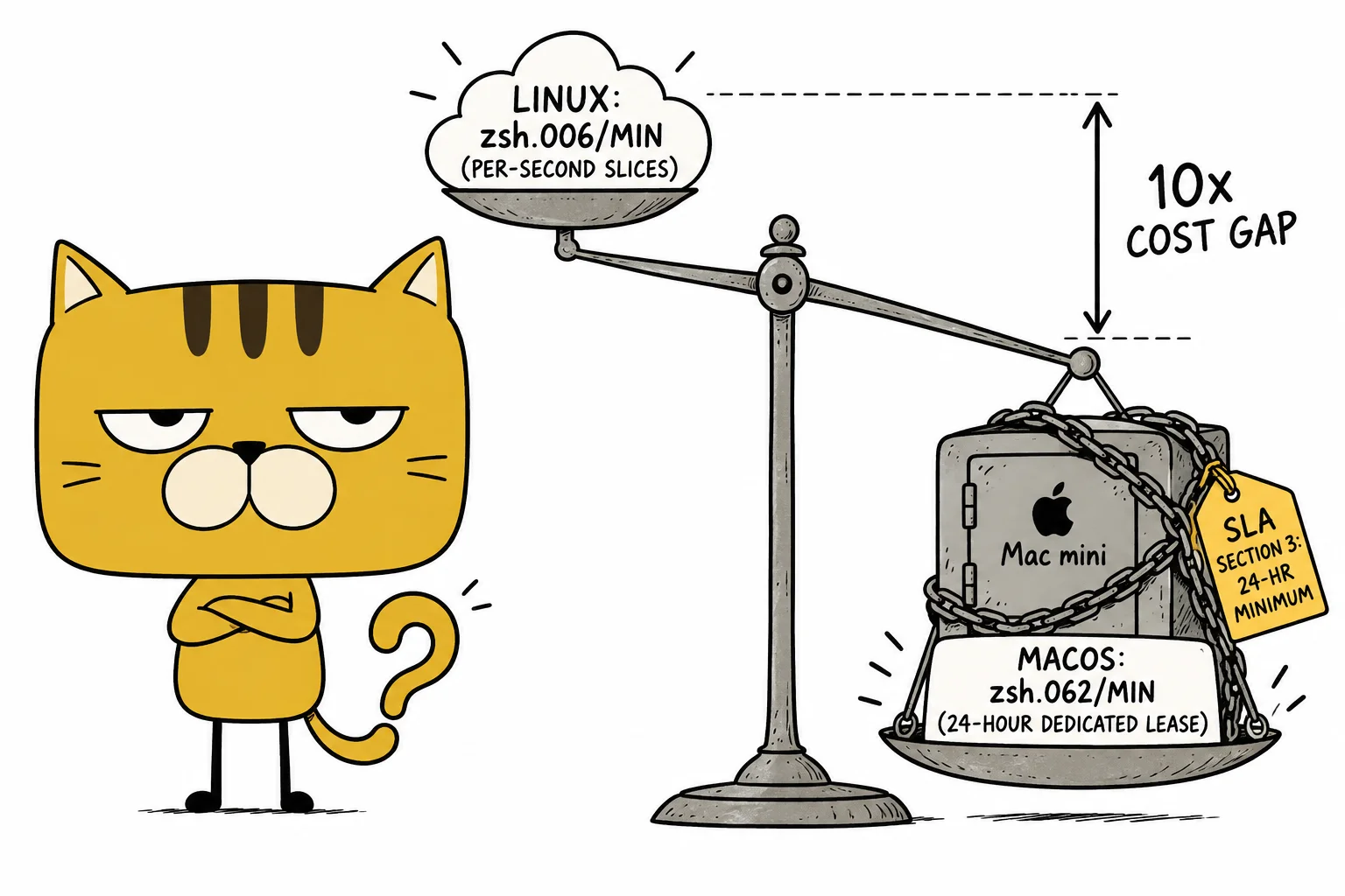 A square-faced cat measures a 24-hour dedicated hardware block against sub-second Linux microVM slices on a pricing scale