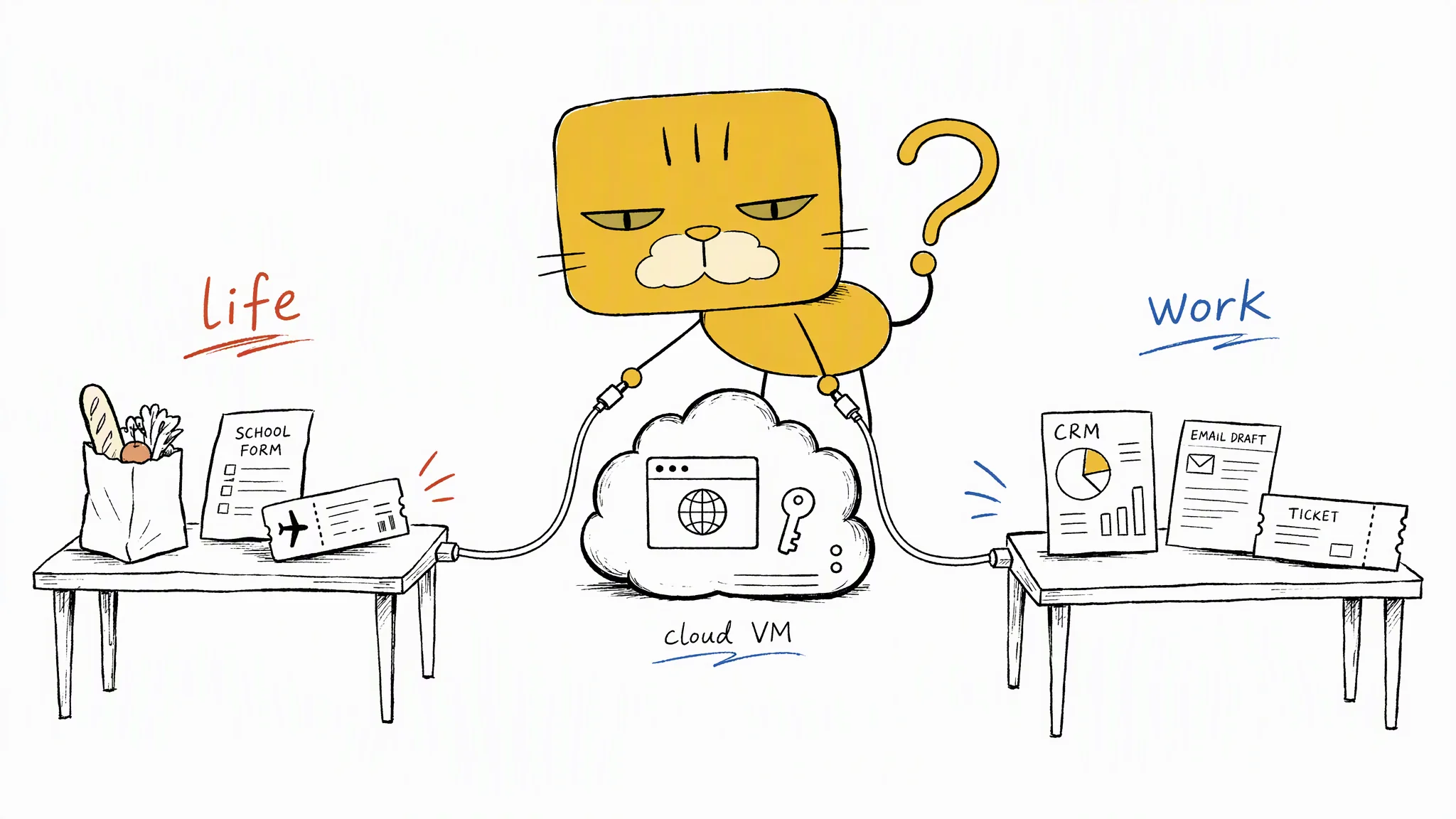A square-faced golden cat routes the same cloud machine into two desks: life errands and work teammates