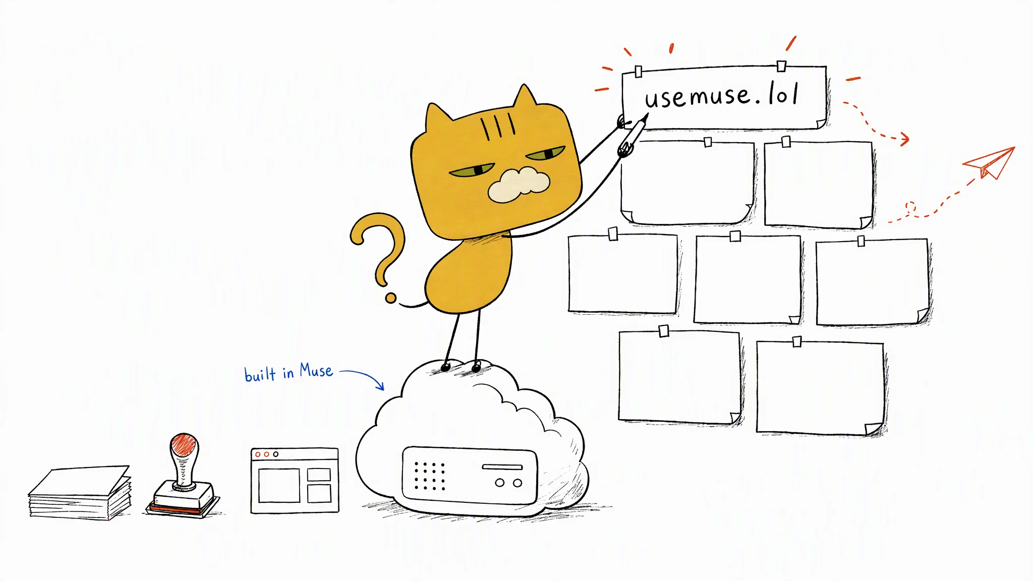 A square-faced golden cat assembles a card wall labeled usemuse.lol on Muse's cloud computer