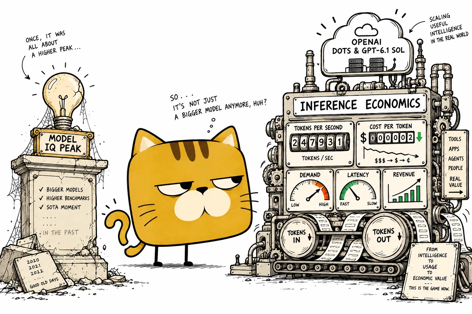 A square-faced golden cat stands between a fading Model IQ trophy and a humming Inference Economics engine representing OpenAI Dots and GPT-6.1 Sol