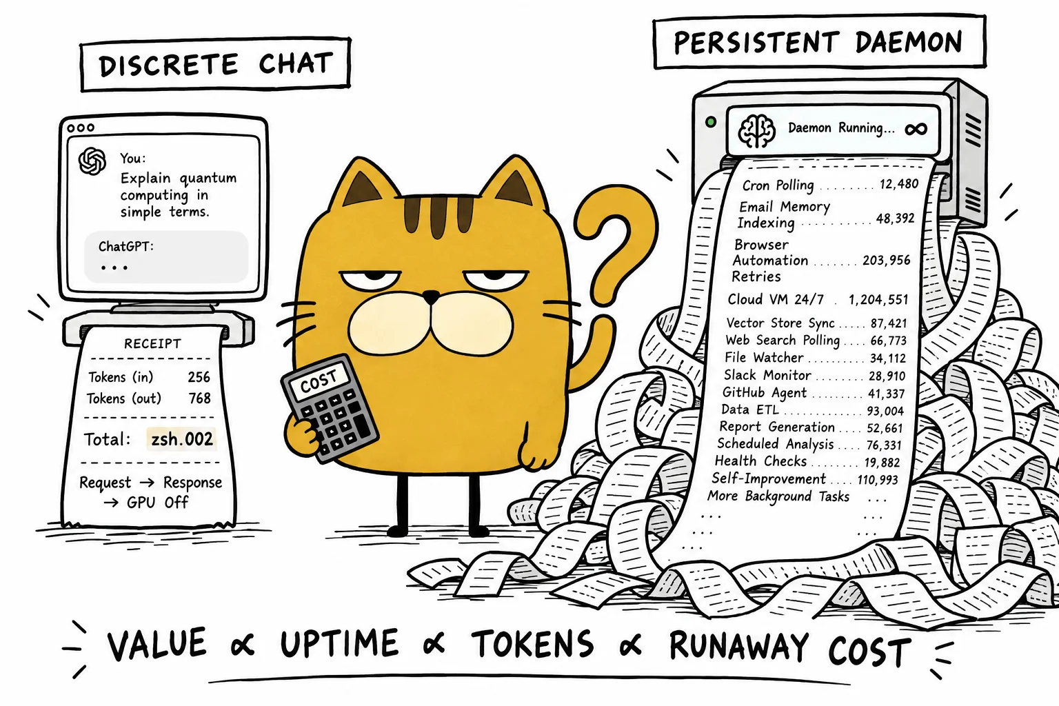 A square-faced cat contrasts a discrete chat receipt against a runaway receipt tape from a persistent background agent daemon