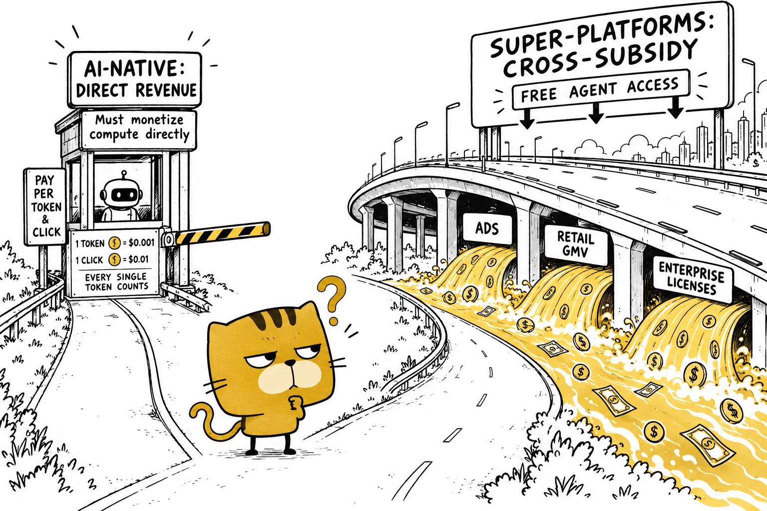 A square-faced cat stands at a crossroads between an AI-native direct revenue tollbooth and a super-platform highway cross-subsidized by cash flow rivers