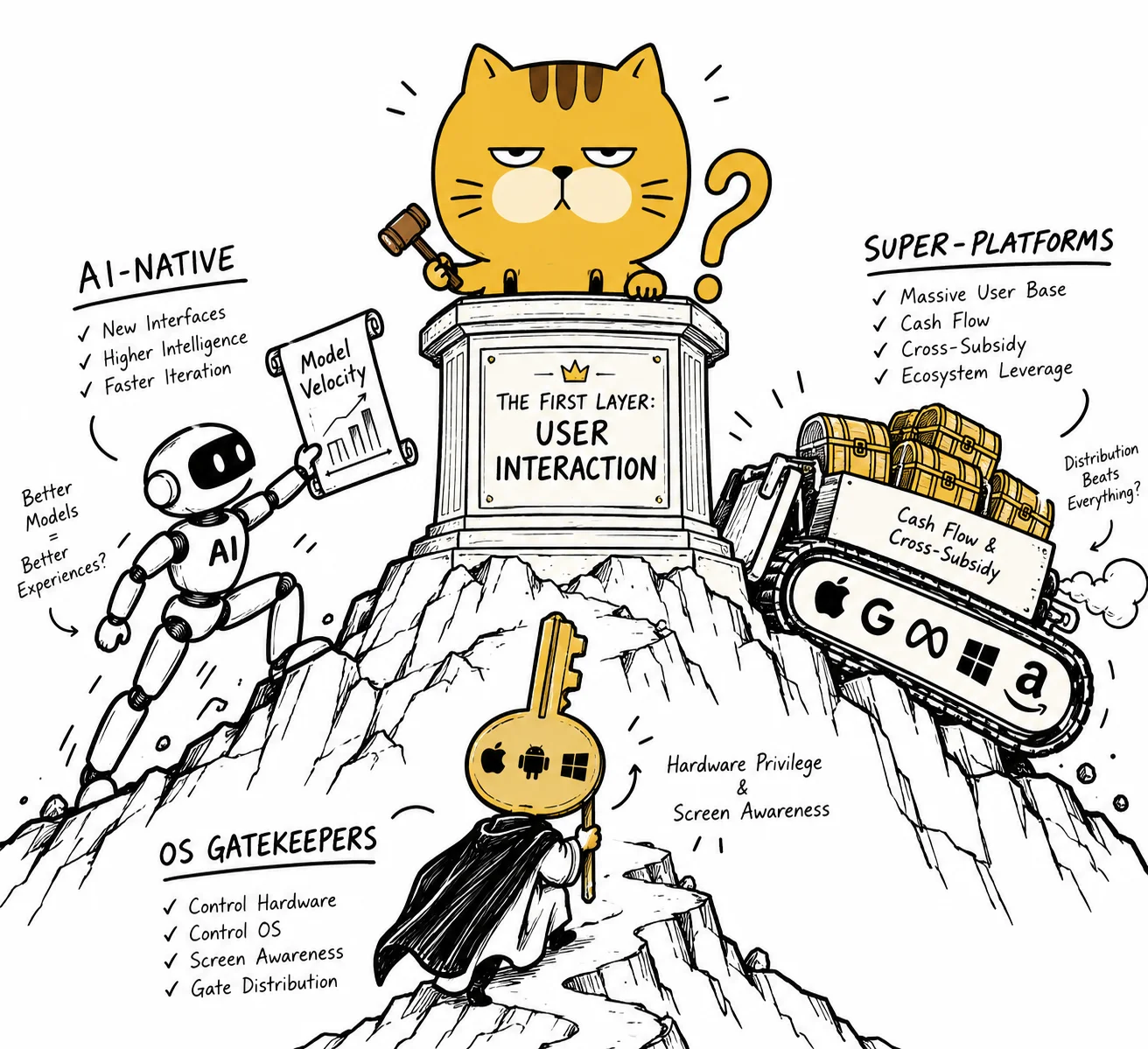 A square-faced cat presides over the summit of the First Layer of user interaction as AI-native, super-platforms, and OS gatekeepers compete