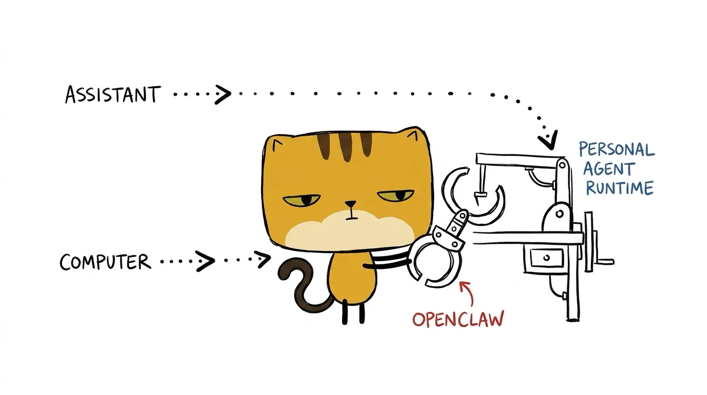 A square-faced golden cat fits an OpenClaw mechanism into a converging runtime between assistant and computer paths