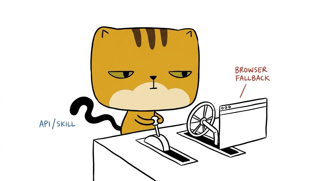 A square-faced cat operates a two-track desk with a direct API lever and a browser fallback wheel