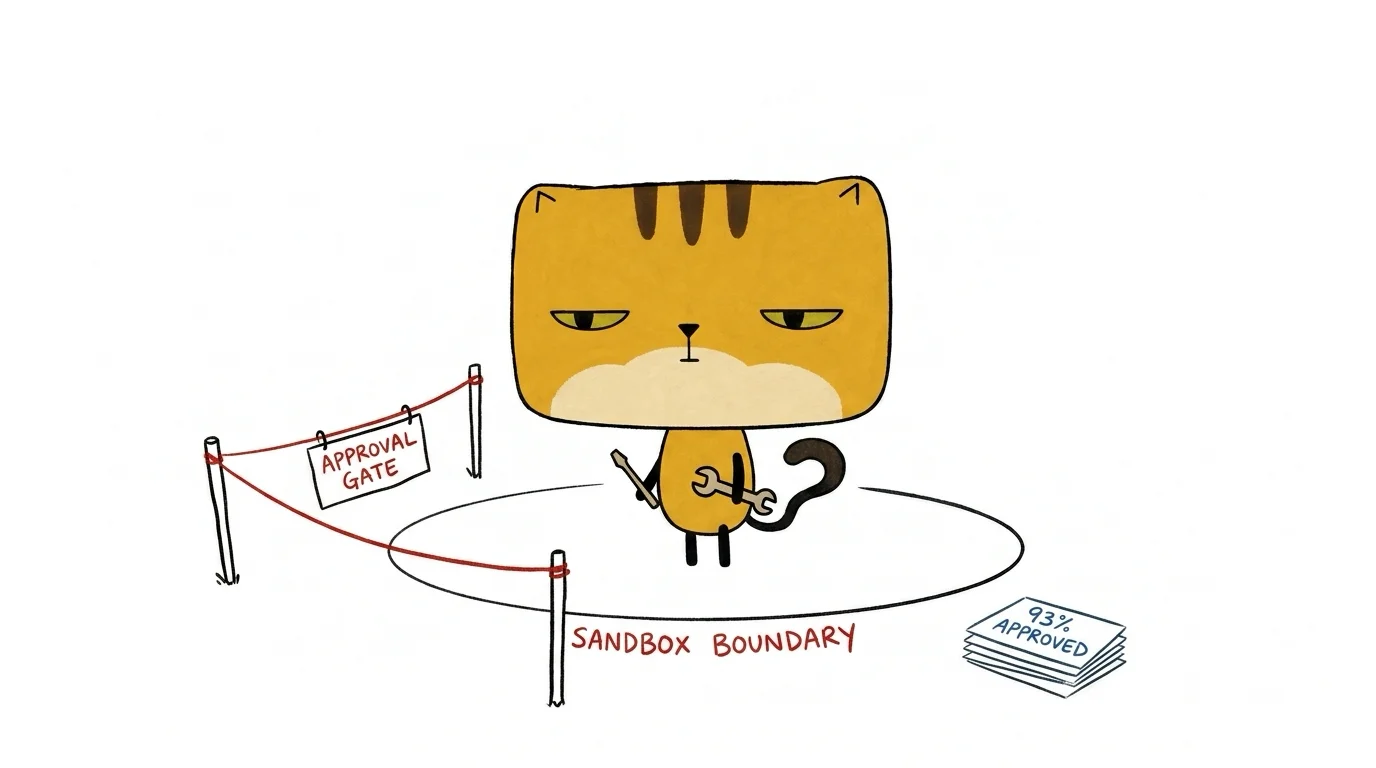 A square-faced cat works freely inside a sandbox boundary while an approval gate guards external actions