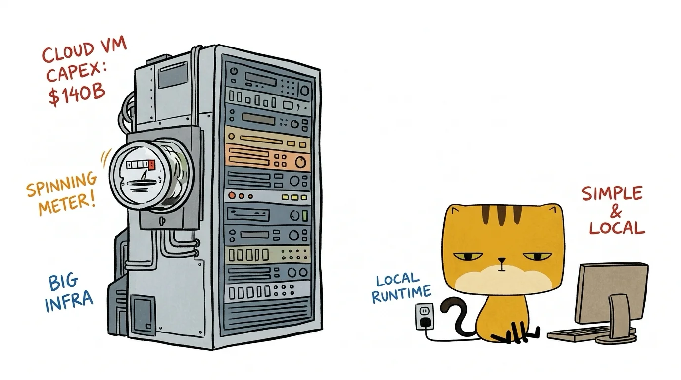 A square-faced cat works on a quiet local runtime beside a gigantic cloud server rack with a spinning 140 billion dollar CapEx meter