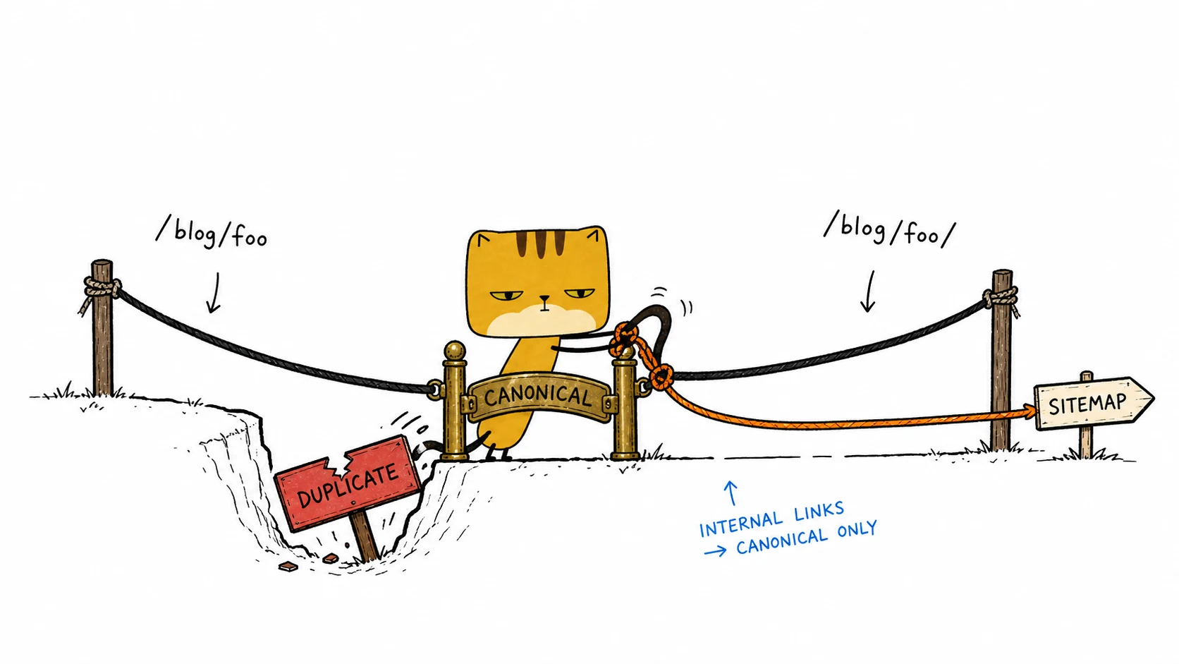 The square pancake cat ties two URL variants into one canonical rope that leads to the sitemap