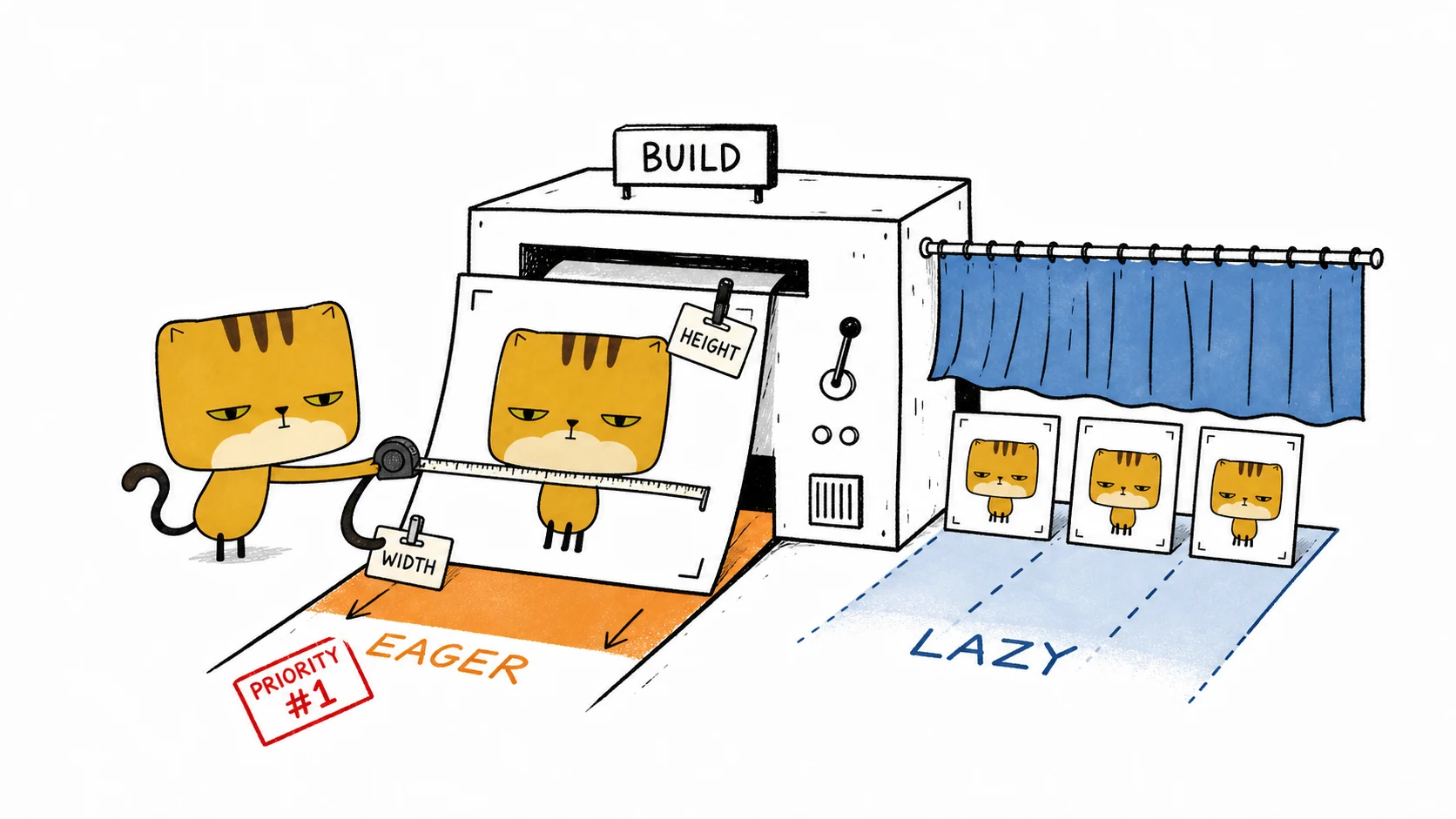 The square pancake cat measures an image frame at build time and sends the first card down an eager lane