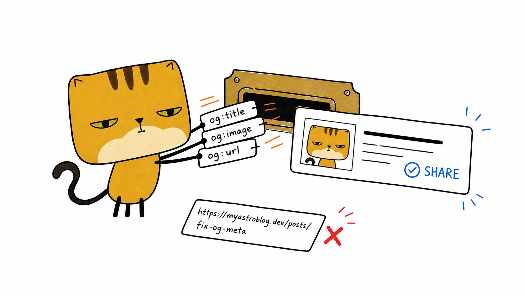 The square pancake cat feeds og:title, og:image, and og:url into a share-card slot instead of sending a bare link