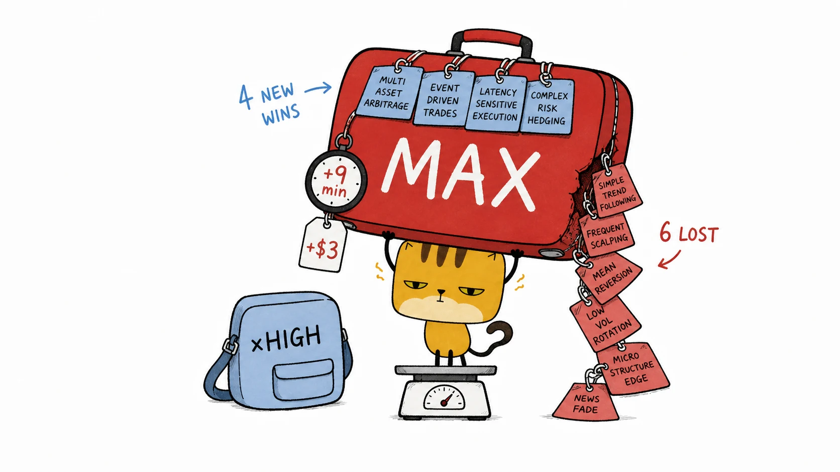 The square pancake cat strains under a MAX suitcase carrying four new wins, six lost tasks, and extra runtime