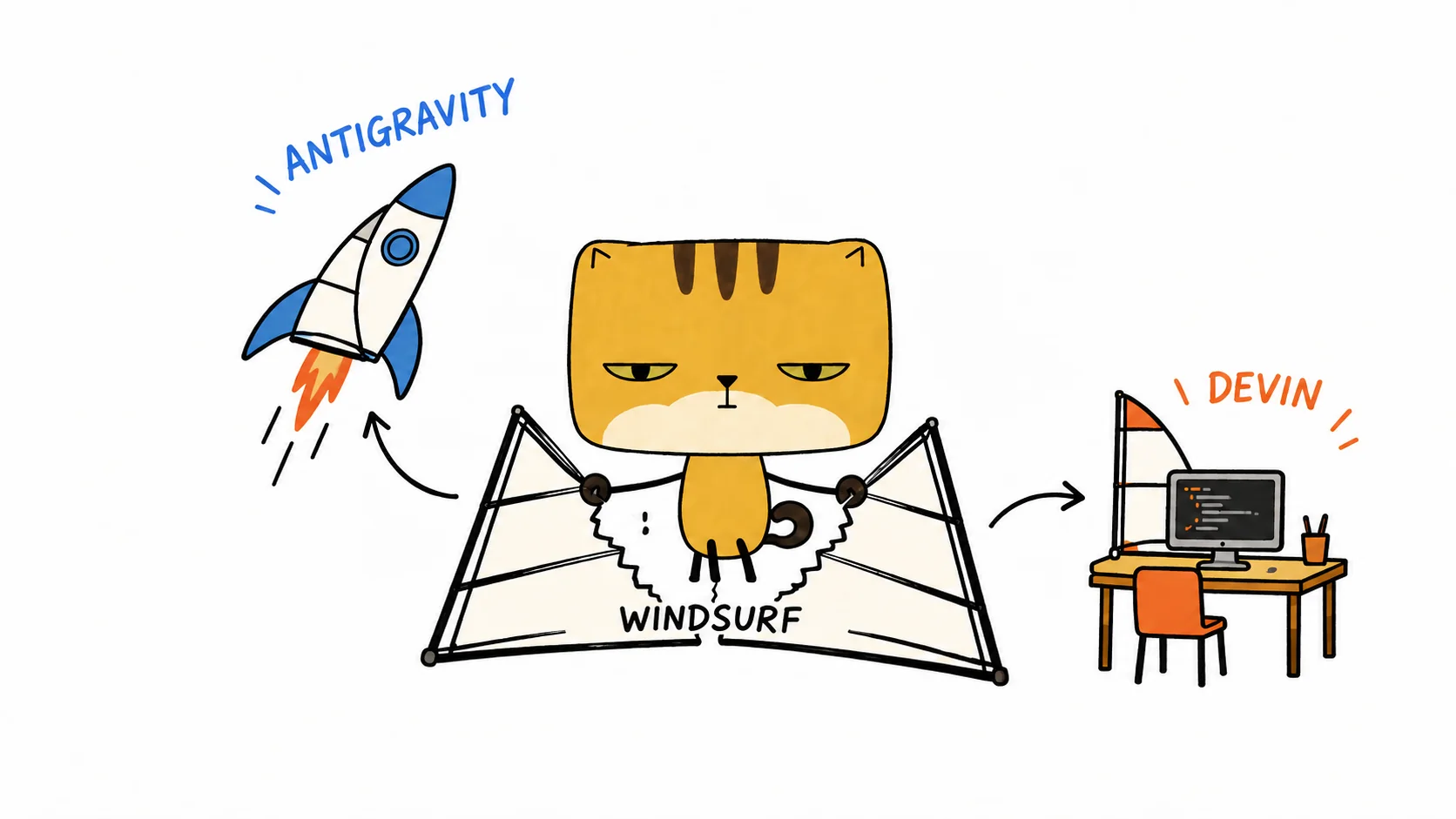 A square-faced golden cat tears a Windsurf sail into paths leading to Antigravity and Devin